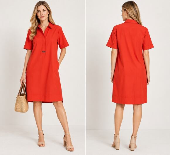 Peserico Dresses & Skirts - PESERICO Red Orange Shirt Dress Made in Italy Cotton Stretch Pocket IT 46 US 10